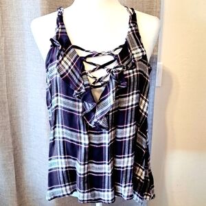 Plaid Lace-Up Ruffle Tank Top - Black & Tan